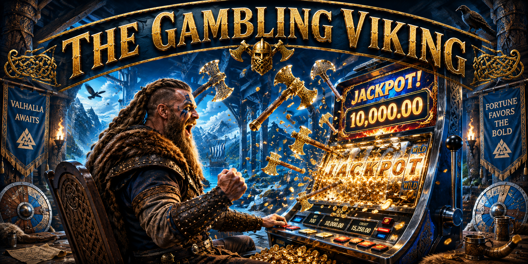 The Gambling Viking - a Viking warrior wins a jackpot playing at a top social casino slot machine